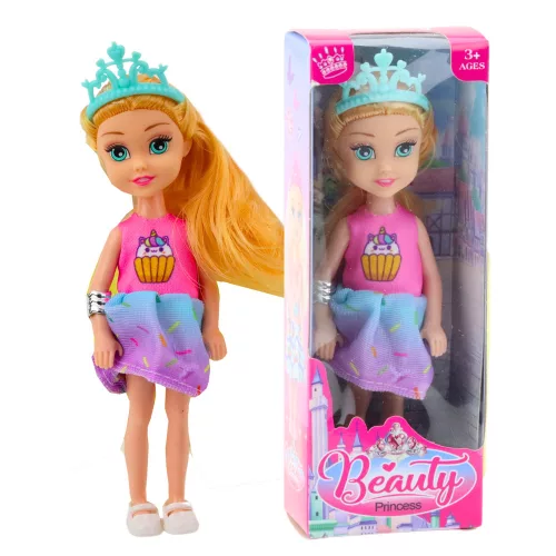 Mini hercegnő baba koronával, színes ruhával, 14 cm-es mix