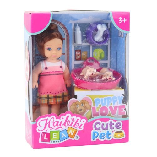 Mini baba szett két kiskutyával, ággyal, tálkával, üveggel