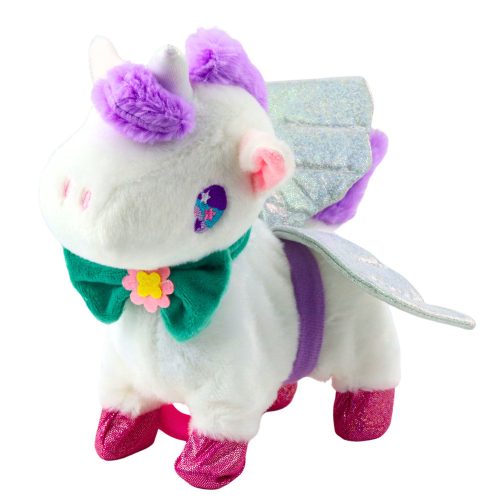 Az interaktív egyszarvú pórázon levehető szárnyakkal vágtatva sétál