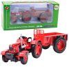 Fém mezőgazdasági traktor pótkocsival, piros 1:18