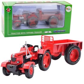Fém mezőgazdasági traktor pótkocsival, piros 1:18