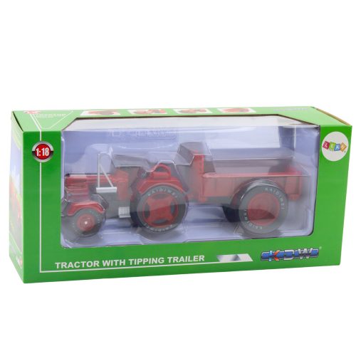 Fém mezőgazdasági traktor pótkocsival, piros 1:18
