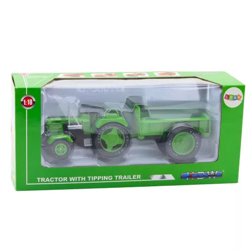 Fém mezőgazdasági traktor pótkocsival zöld 1:18