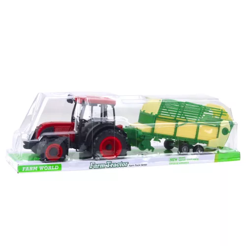 Mezőgazdasági traktor zöld és sárga pótkocsival Piros 50cm