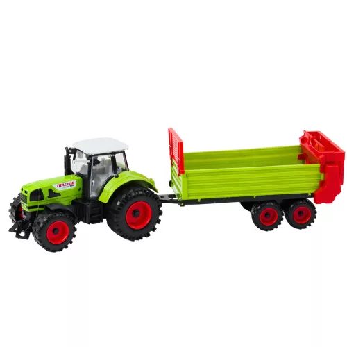 Traktor pótkocsival, dörzshajtással, nyitható motorháztetővel, ajtókkal, zöld