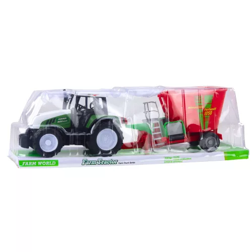 Zöld mezőgazdasági traktor pótkocsival és takarmánykeverővel 50 cm