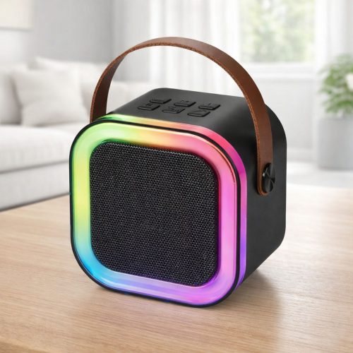 Karaoke szett, hangszóró, két mikrofon, LED lámpák, fekete