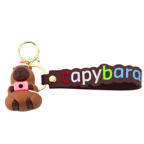 Kulcstartó Capybara figura kamerával és kalap függő karabiner gyűrűvel