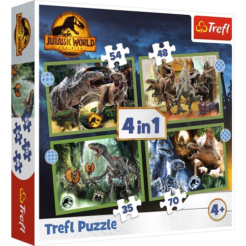 Rejtvény – 4 az 1-ben – Veszélyes dinoszauruszok – Universal Jurassic World Trefl 34607