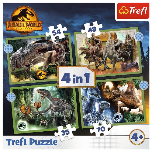 Rejtvény – 4 az 1-ben – Veszélyes dinoszauruszok – Universal Jurassic World Trefl 34607