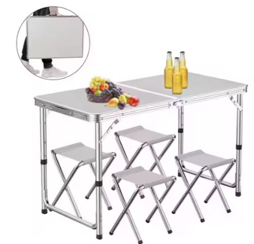 Összecsukható kempingasztal készlet 4 szék, szürke