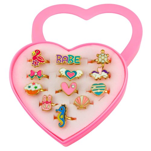 Gyermekgyűrű készlet állítható fémből, különböző szívmintákból 12 db.