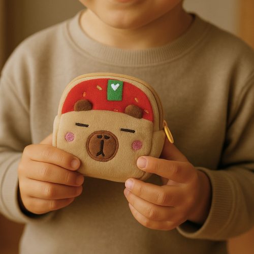 Plüss Pénztárca Kulcstartóval Kapibara Eperpiros 9,5 x 8 cm