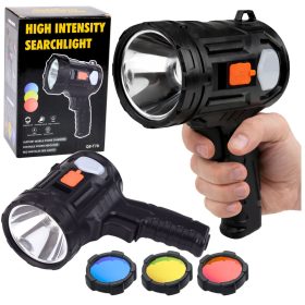   LED napelemes keresőlámpa, zseblámpa, 6 üzemmód, külső akkumulátor, cserélhető szűrők, 19 cm