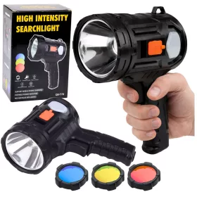   LED napelemes keresőlámpa, zseblámpa, 6 üzemmód, külső akkumulátor, cserélhető szűrők, 19 cm