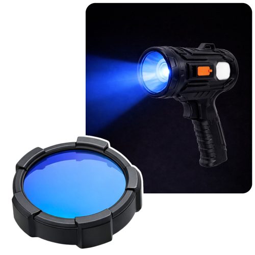 LED napelemes keresőlámpa, zseblámpa, 6 üzemmód, külső akkumulátor, cserélhető szűrők, 19 cm