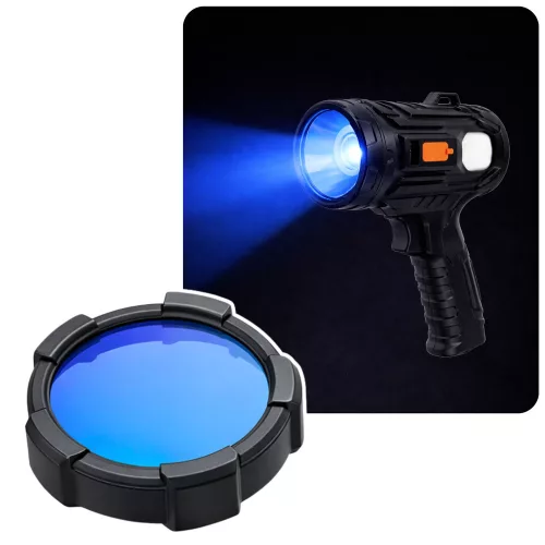 LED napelemes keresőlámpa, zseblámpa, 6 üzemmód, külső akkumulátor, cserélhető szűrők, 19 cm