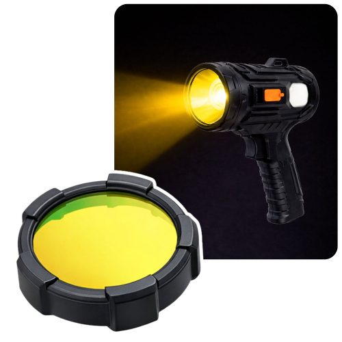 LED napelemes keresőlámpa, zseblámpa, 6 üzemmód, külső akkumulátor, cserélhető szűrők, 19 cm