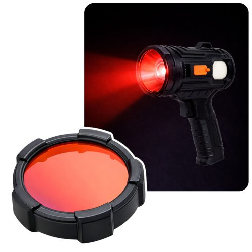 LED napelemes keresőlámpa, zseblámpa, 6 üzemmód, külső akkumulátor, cserélhető szűrők, 19 cm