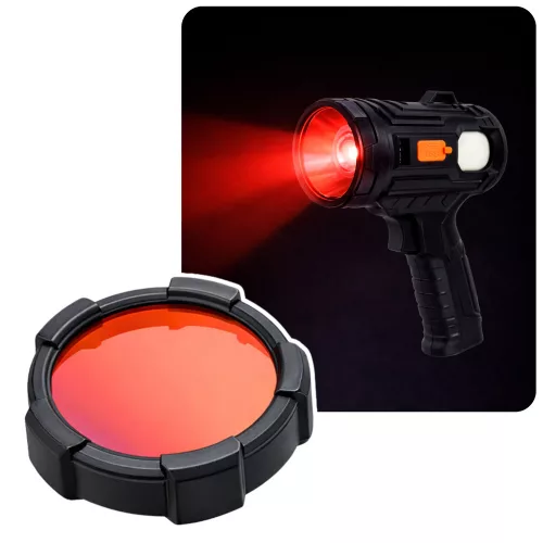LED napelemes keresőlámpa, zseblámpa, 6 üzemmód, külső akkumulátor, cserélhető szűrők, 19 cm