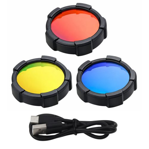 LED napelemes keresőlámpa, zseblámpa, 6 üzemmód, külső akkumulátor, cserélhető szűrők, 19 cm