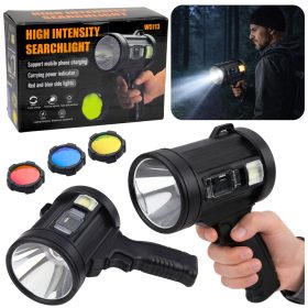   LED napelemes keresőlámpa zseblámpa 6 üzemmóddal, külső akkumulátorral, cserélhető szűrőkkel