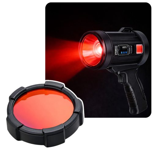 LED napelemes keresőlámpa zseblámpa 6 üzemmóddal, külső akkumulátorral, cserélhető szűrőkkel