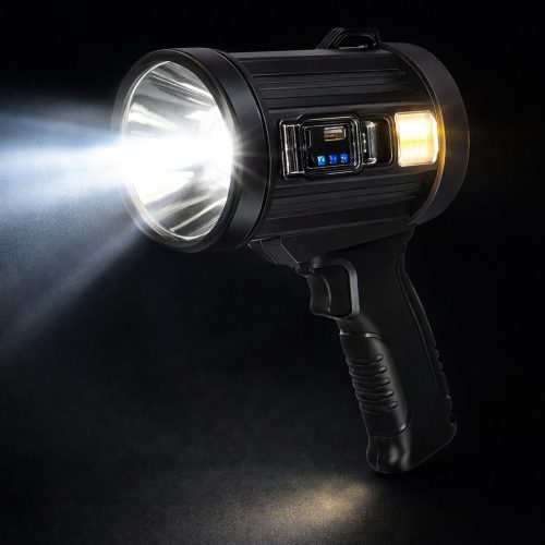 LED napelemes keresőlámpa zseblámpa 6 üzemmóddal, külső akkumulátorral, cserélhető szűrőkkel