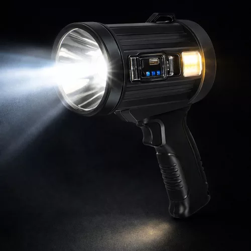 LED napelemes keresőlámpa zseblámpa 6 üzemmóddal, külső akkumulátorral, cserélhető szűrőkkel