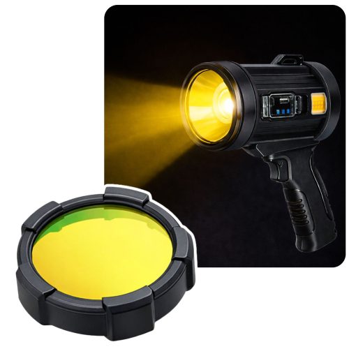 LED napelemes keresőlámpa zseblámpa 6 üzemmóddal, külső akkumulátorral, cserélhető szűrőkkel