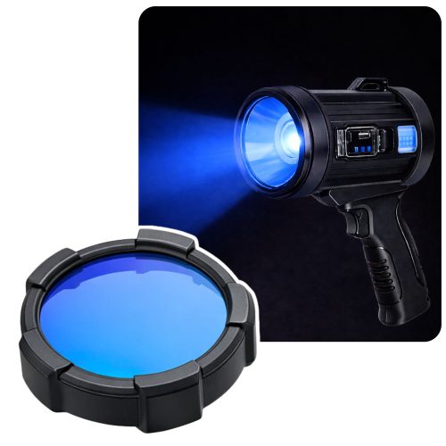 LED napelemes keresőlámpa zseblámpa 6 üzemmóddal, külső akkumulátorral, cserélhető szűrőkkel