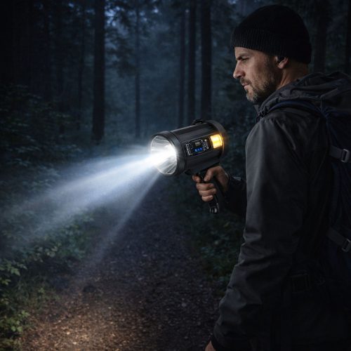 LED napelemes keresőlámpa zseblámpa 6 üzemmóddal, külső akkumulátorral, cserélhető szűrőkkel