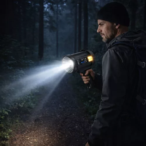 LED napelemes keresőlámpa zseblámpa 6 üzemmóddal, külső akkumulátorral, cserélhető szűrőkkel