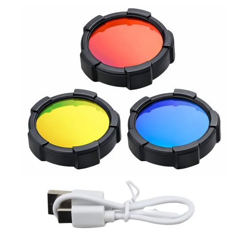 LED napelemes keresőlámpa zseblámpa 6 üzemmóddal, külső akkumulátorral, cserélhető szűrőkkel