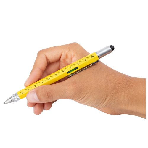 8 az 1-ben multifunkciós toll, vízmérték, LED-es zseblámpa, csavarhúzó, sárga