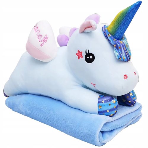 Plüss Unikornis Ölelnivaló Játék Takaróval 160x110cm Kék 55cm