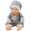 Szürke pizsamás babababa, sapkával, mozgatható karokkal és lábakkal, 30 cm