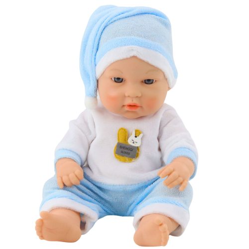 Kék pizsamás babababa, sapkával, mozgatható karokkal és lábakkal, 30 cm