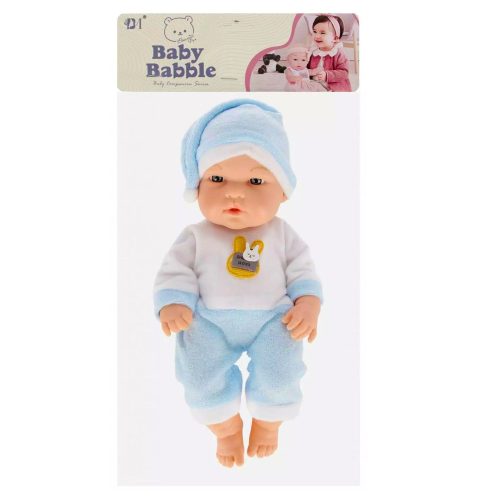Kék pizsamás babababa, sapkával, mozgatható karokkal és lábakkal, 30 cm