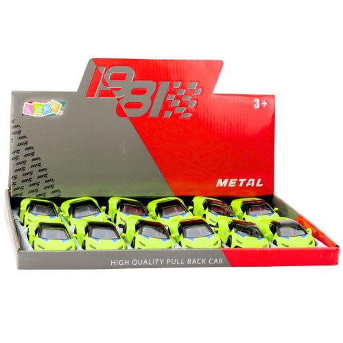 Sportautó Pull Back fém neonzöld 1:43