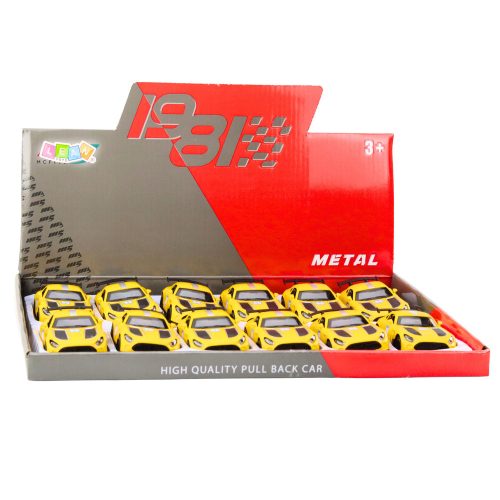 Versenyautó fémből készült, nyitható ajtókkal, sárga 1:43