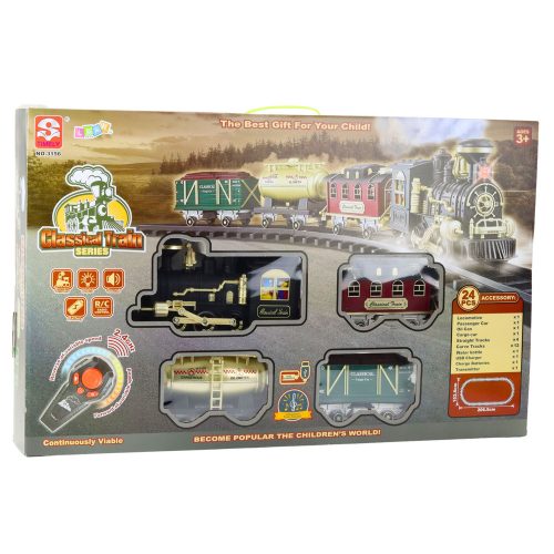 Elektromos Vonat Klasszikus RC Vonat Fények Hangok Füst 206 cm 24 db.