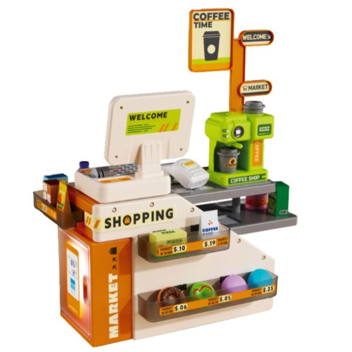 Pénztárgép, kávézó, kiegészítők, fények, hangok, 70 db.