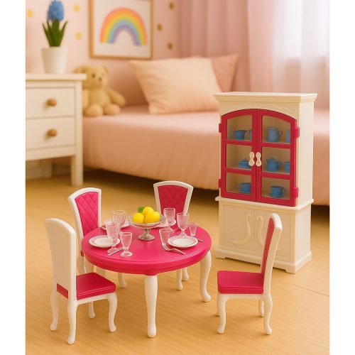 Baba étkezőgarnitúra: asztal, székek, tálalószekrény, tányérok