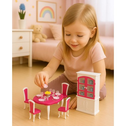 Baba étkezőgarnitúra: asztal, székek, tálalószekrény, tányérok