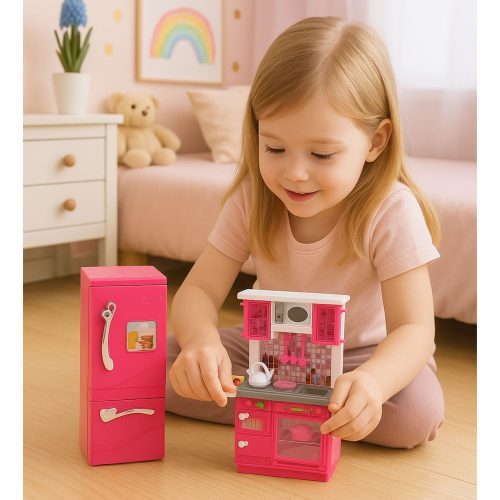 Baba konyhabútor, hűtőszekrény, sütő, kiegészítők, rózsaszín