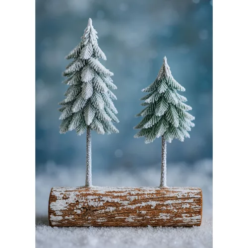 Karácsonyfa kompozíciós dekoráció hóval borított törzsön 34 x 28 cm