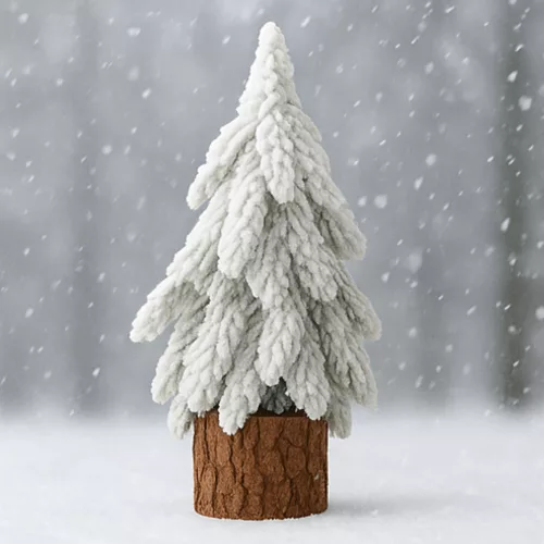 Dekoratív műfenyő hóval borított törzsön 20 x 9 cm