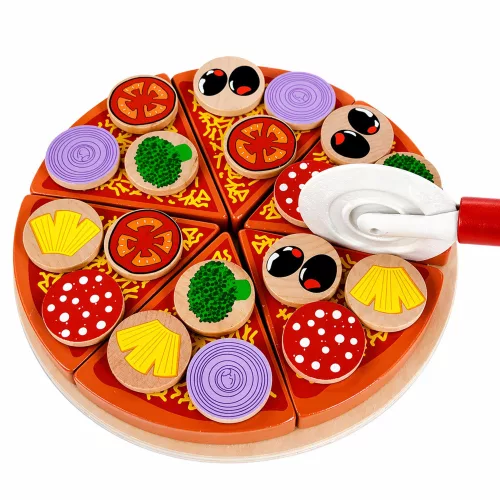 Fa pizza vágó készlet tépőzáras kerékkel és vágódeszkával