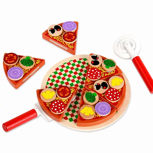 Fa pizza vágó készlet tépőzáras kerékkel és vágódeszkával